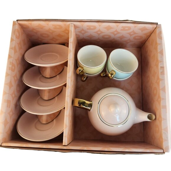 FAO Schwarz Hand-Glazed Ceramic Childs Tea Party Set - 10pc Pastel colors. - Picture 2 of 14